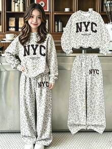 (1 Set) Tween Girls Fall Outfits NYC Grey Leopard Print Crew Neck Long Sleeve Sweatshirt And Wide Leg Pants, Casual Fall Clothes Streetwear - Multicolor - View 5