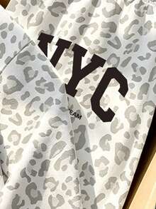 (1 Set) Tween Girls Fall Outfits NYC Grey Leopard Print Crew Neck Long Sleeve Sweatshirt And Wide Leg Pants, Casual Fall Clothes Streetwear - Multicolor - View 7