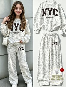 (1 Set) Tween Girls Fall Outfits NYC Grey Leopard Print Crew Neck Long Sleeve Sweatshirt And Wide Leg Pants, Casual Fall Clothes Streetwear - Multicolor - View 1