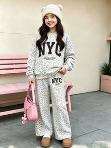 (1 Set) Tween Girls Fall Outfits NYC Grey Leopard Print Crew Neck Long Sleeve Sweatshirt And Wide Leg Pants, Casual Fall Clothes Streetwear - Multicolor - View 6