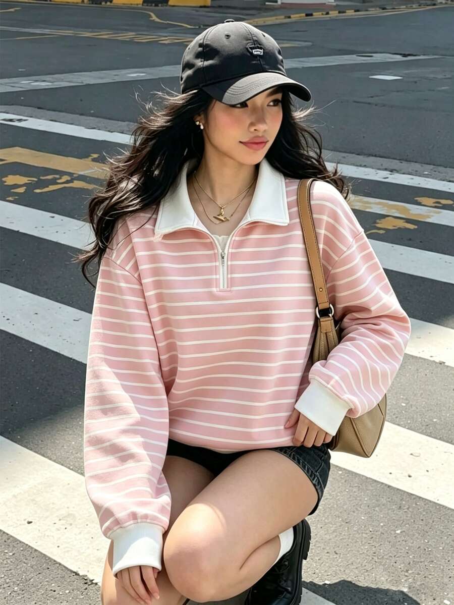 SHEIN 青少年女孩休閒時尚條紋基本款拉鍊針織運動衫,可愛簡約寬鬆短版花卉秋季上衣 - 彩色 - 查看 1