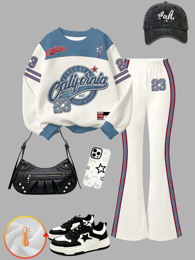 Girls' Vintage Letter & Number 23 Print Colorblock Crew Neck Sweatshirt + Side Stripe Flare Pants 2 Pieces Casual Set, Chill, Kawaii, Cozy Fall & Winter Styles - Multicolor - View 5