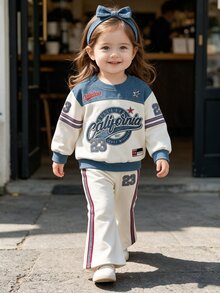 Girls' Vintage Letter & Number 23 Print Colorblock Crew Neck Sweatshirt + Side Stripe Flare Pants 2 Pieces Casual Set, Chill, Kawaii, Cozy Fall & Winter Styles - Multicolor - View 3