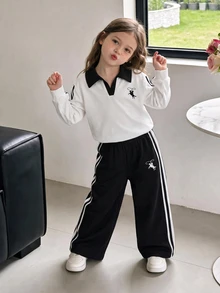 SHEIN 女童 2 件組 4-7 歲 秋冬拼接配色 Polo 領長袖彈性針織運動衫與寬腿長褲套裝 秋季服飾 - 黑色 - 查看 3