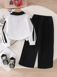 SHEIN 女童 2 件組 4-7 歲 秋冬拼接配色 Polo 領長袖彈性針織運動衫與寬腿長褲套裝 秋季服飾 - 黑色 - 查看 2