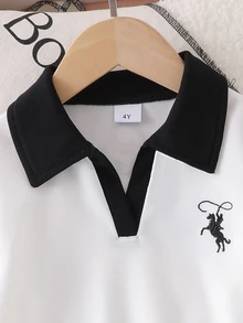 SHEIN 女童 2 件組 4-7 歲 秋冬拼接配色 Polo 領長袖彈性針織運動衫與寬腿長褲套裝 秋季服飾 - 黑色 - 查看 8