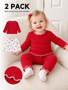 SHEIN Vintaside Kids 2Pcs Baby Girl Cute Cherry Print & Solid Rib Knit Long Sleeve Top Set Sweet Ruffle Trim Crewneck Tee Autumn Winter - Red and White - View 3