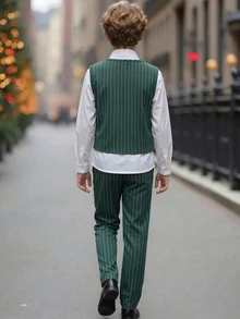 SHEIN 青少年男孩紳士兩件套西裝背心與長褲，優雅正式穿著，適用生日派對、晚宴、演出、婚禮 - 綠色 - 查看 5