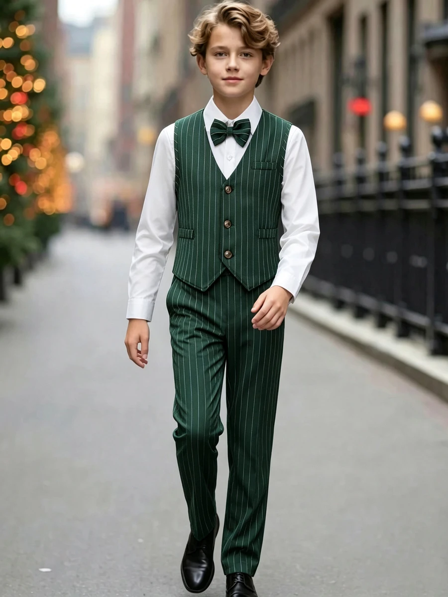 SHEIN 青少年男孩紳士兩件套西裝背心與長褲,優雅正式穿著,適用生日派對、晚宴、演出、婚禮 - 綠色 - 查看 1