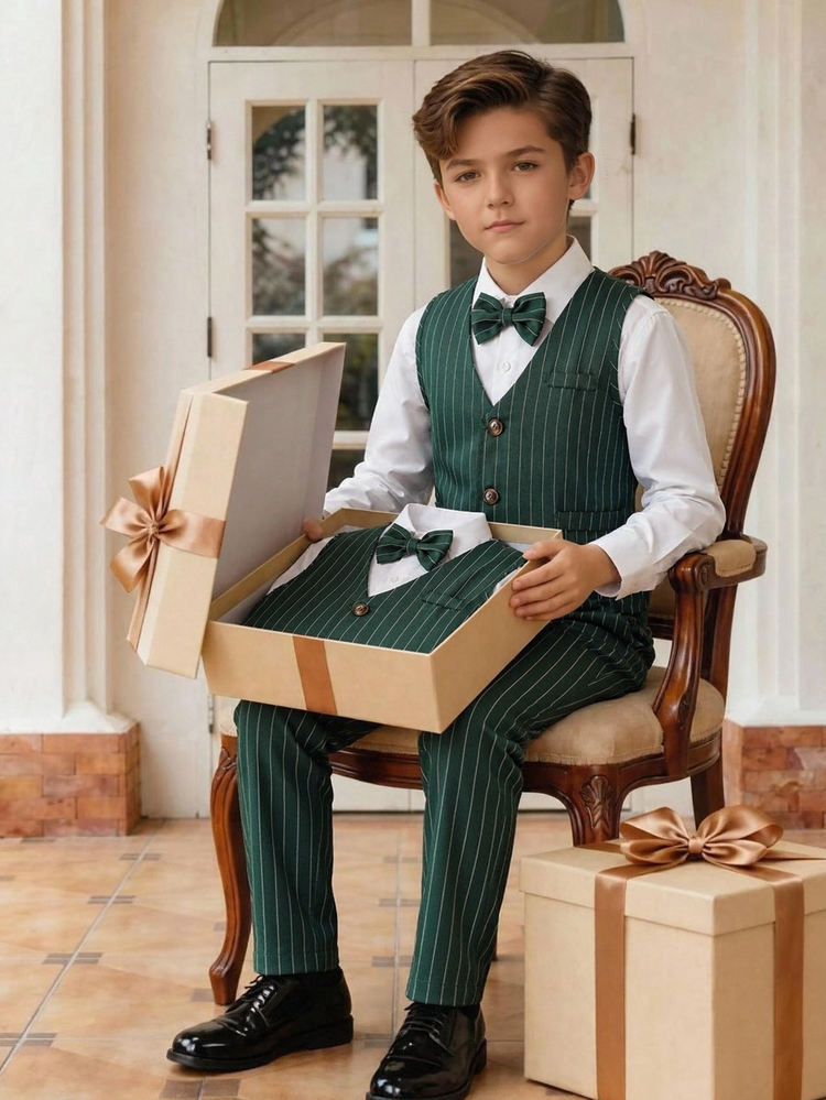 SHEIN Tween Boy Gentleman 2 Pieces Suit Vest And Pants Elegant Formal Wear For Birthday Party Evening Gala Performance Wedding - Green - View 4