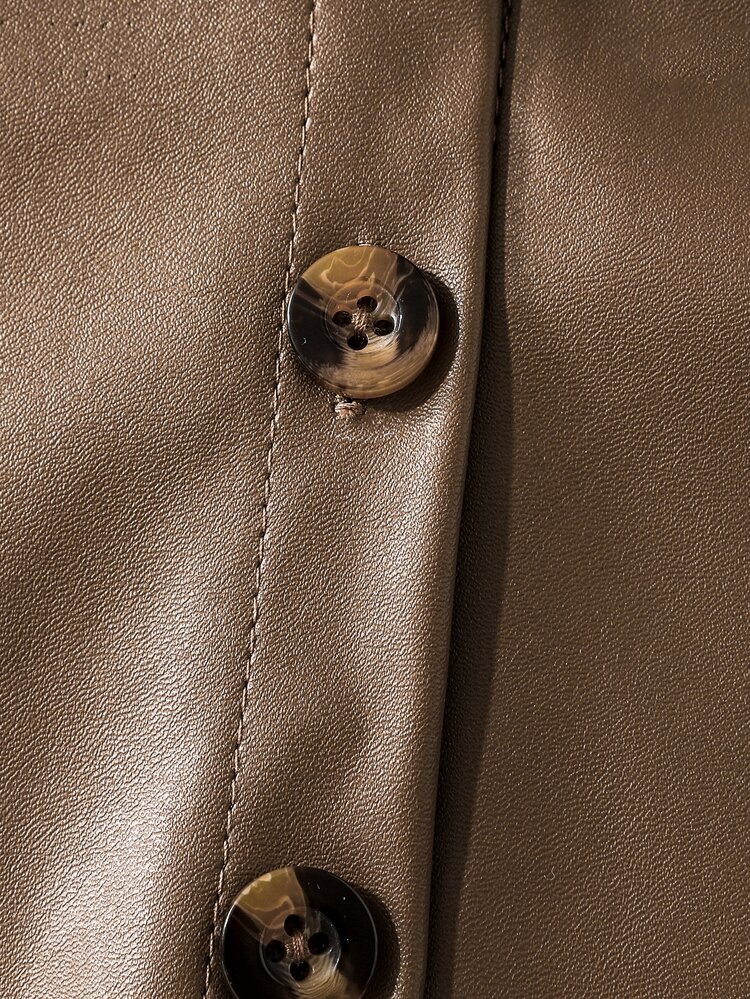SHEIN Elladie kids Young Girl Girls 2pcs Matching Family Outfits, Chic Coffee Brown PU Leather Notch Lapel Blazer Jacket And - Brown - View 8