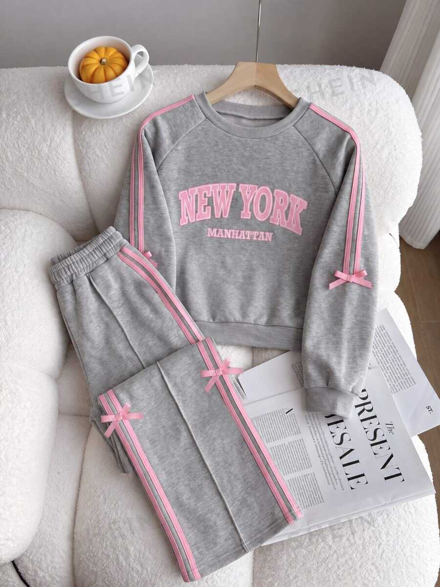 SHEIN 2 قطعة/مجموعة ملابس رياضية للفتيات بأسلوب فرنسي أنيق وجميل، رمادي، ربيع/خريف، أكمام طويلة، صوف، شتاء