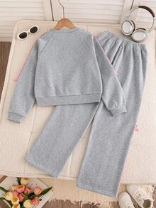 SHEIN 2 قطعة/مجموعة ملابس رياضية للفتيات بأسلوب فرنسي أنيق وجميل، رمادي، ربيع/خريف، أكمام طويلة، صوف، شتاء - رمادي - مشاهدة 3