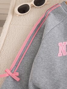 SHEIN 2 قطعة/مجموعة ملابس رياضية للفتيات بأسلوب فرنسي أنيق وجميل، رمادي، ربيع/خريف، أكمام طويلة، صوف، شتاء - رمادي - مشاهدة 8