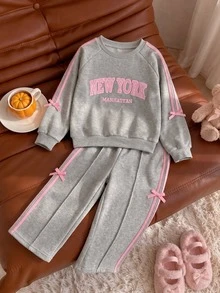 SHEIN 2 قطعة/مجموعة ملابس رياضية للفتيات بأسلوب فرنسي أنيق وجميل، رمادي، ربيع/خريف، أكمام طويلة، صوف، شتاء - رمادي - مشاهدة 5