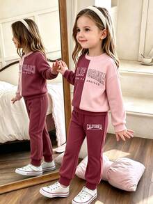 Young Girl Two Tone Letter Graphic Thermal Lined Sweatshirt & Sweatpants Autumn Fall - Multicolor - View 3