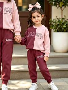 Young Girl Two Tone Letter Graphic Thermal Lined Sweatshirt & Sweatpants Autumn Fall - Multicolor - View 4