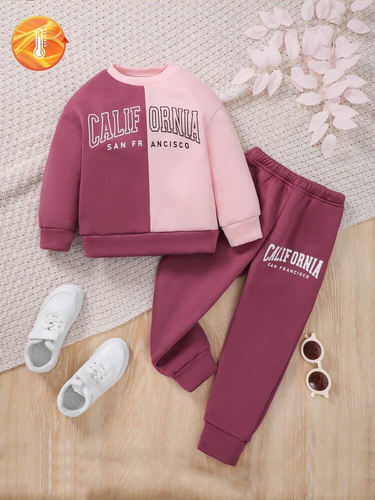 Young Girl Two Tone Letter Graphic Thermal Lined Sweatshirt & Sweatpants Autumn Fall - Multicolor - View 12
