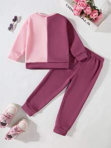 Young Girl Two Tone Letter Graphic Thermal Lined Sweatshirt & Sweatpants Autumn Fall - Multicolor - View 2
