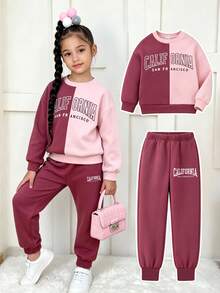 Young Girl Two Tone Letter Graphic Thermal Lined Sweatshirt & Sweatpants Autumn Fall - Multicolor - View 6