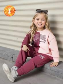 Young Girl Two Tone Letter Graphic Thermal Lined Sweatshirt & Sweatpants Autumn Fall - Multicolor - View 8