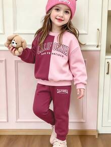 Young Girl Two Tone Letter Graphic Thermal Lined Sweatshirt & Sweatpants Autumn Fall - Multicolor - View 1