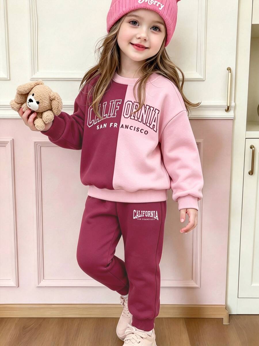 Young Girl Two Tone Letter Graphic Thermal Lined Sweatshirt & Sweatpants Autumn Fall - Multicolor - View 1