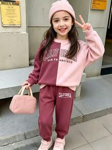 Young Girl Two Tone Letter Graphic Thermal Lined Sweatshirt & Sweatpants Autumn Fall - Multicolor - View 5