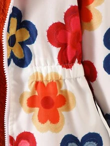 SHEIN Elladie kids 女童連帽冬季外套 白色底彩色花卉印花 橘色毛絨內裡 拉鍊開襟 鬆緊腰 收口長袖 少女聖誕秋季外套 - 橘色 - 查看 9