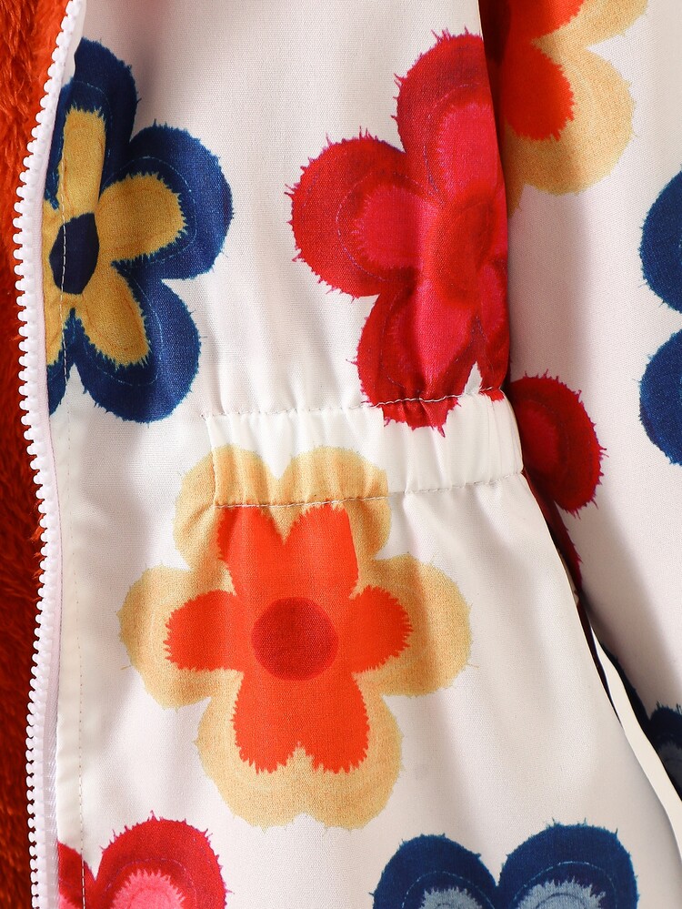 SHEIN Elladie kids Girls Hooded Winter Jacket White Base Colorful Floral Print Orange Fuzzy Lined Zip Up Elastic Waist Cuffed Long Sleeve Young Girl Christmas Fall Outerwear - Orange - View 8