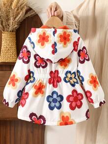 SHEIN Elladie kids 女童連帽冬季外套 白色底彩色花卉印花 橘色毛絨內裡 拉鍊開襟 鬆緊腰 收口長袖 少女聖誕秋季外套 - 橘色 - 查看 3