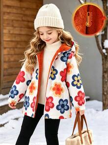 SHEIN Elladie kids 女童連帽冬季外套 白色底彩色花卉印花 橘色毛絨內裡 拉鍊開襟 鬆緊腰 收口長袖 少女聖誕秋季外套 - 橘色 - 查看 6