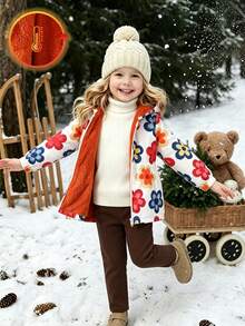 SHEIN Elladie kids 女童連帽冬季外套 白色底彩色花卉印花 橘色毛絨內裡 拉鍊開襟 鬆緊腰 收口長袖 少女聖誕秋季外套 - 橘色 - 查看 5