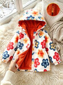 SHEIN Elladie kids 女童連帽冬季外套 白色底彩色花卉印花 橘色毛絨內裡 拉鍊開襟 鬆緊腰 收口長袖 少女聖誕秋季外套 - 橘色 - 查看 7