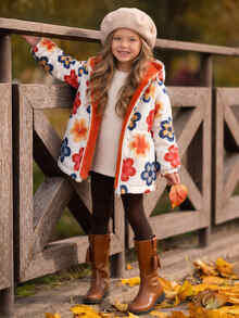 SHEIN Elladie kids 女童連帽冬季外套 白色底彩色花卉印花 橘色毛絨內裡 拉鍊開襟 鬆緊腰 收口長袖 少女聖誕秋季外套 - 橘色 - 查看 4