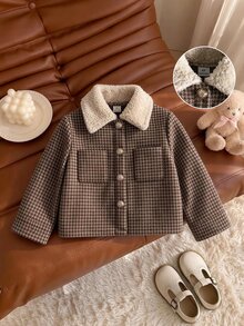 SHEIN Elladie kids 女童時尚千鳥格翻領長袖開襟外套，秋冬日常穿著，嬰兒白色 - 彩色 - 查看 3