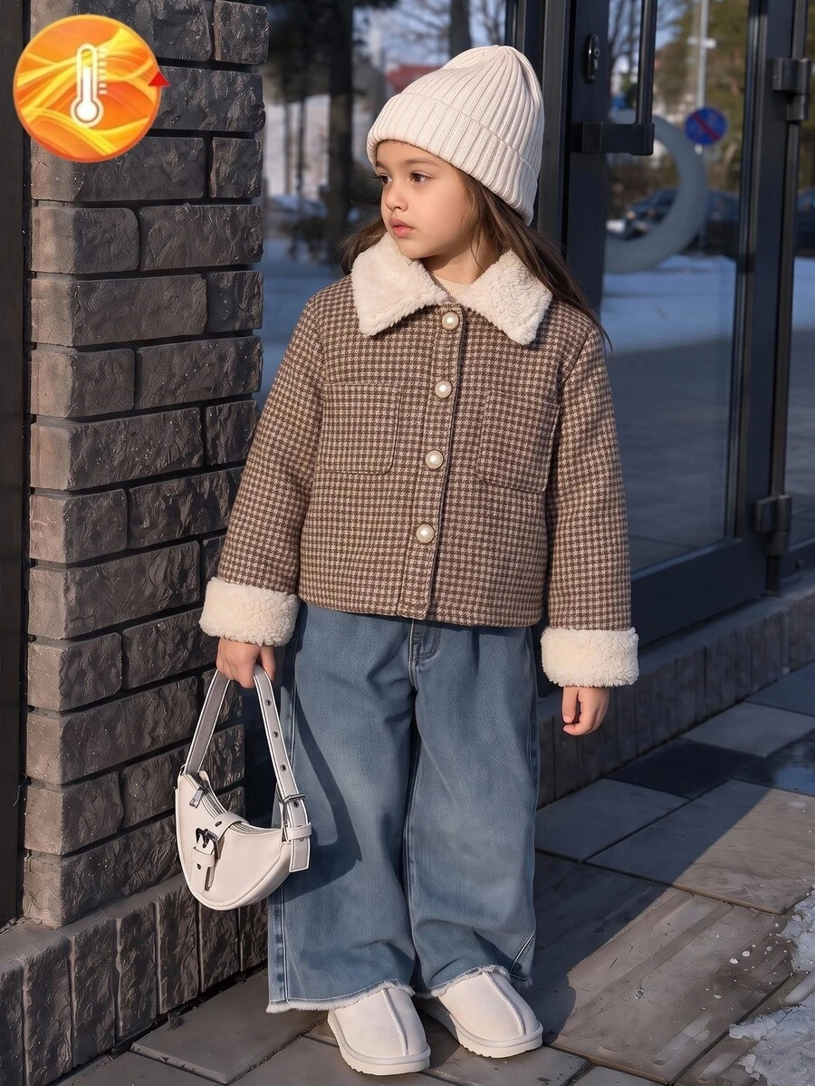 SHEIN Elladie kids 女童時尚千鳥格翻領長袖開襟外套,秋冬日常穿著,嬰兒白色 - 彩色 - 查看 1
