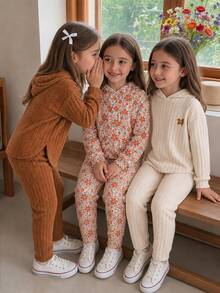 Elladie kids 女童新款多色連帽長袖上衣與鬆緊腰休閒寬鬆軟針織褲 2 件套，秋季感恩節棕色 - 卡其色 - 查看 9