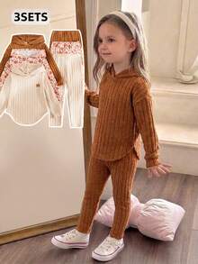 Elladie kids 女童新款多色連帽長袖上衣與鬆緊腰休閒寬鬆軟針織褲 2 件套，秋季感恩節棕色 - 卡其色 - 查看 4