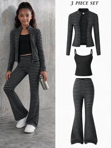 SHEIN Elladie kids 青少年女孩灰色黑色拉鍊外套、細肩帶短版上衣、喇叭褲 3 件套裝 K-Pop 牛仔風長袖外套套裝 秋季校園 Y2K 運動風 - 彩色 - 查看 4