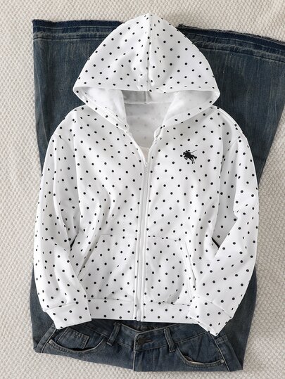 SHEIN Elladie kids Autumn/Winter Girls' Hooded Zip-Up Jacket Mix Match Street Style Casual, Sweatshirt Knit Fabric, Slightly Loose Fit, School White Polka Dot Dark Blue