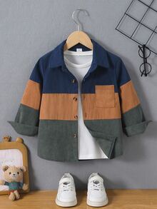 SHEIN Genkimix Kids 小男孩拼色長袖單排扣口袋休閒夾克 - 彩色 - 查看 7