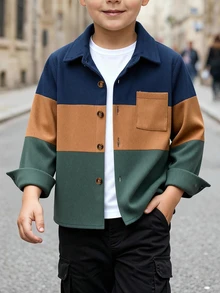 SHEIN Genkimix Kids 小男孩拼色長袖單排扣口袋休閒夾克 - 彩色 - 查看 1