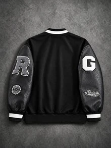 SHEIN Boys Casual College Print Baseball Jacket, Suitable For Casual, Sports, College Wear Autumn Winter - Black - View 2