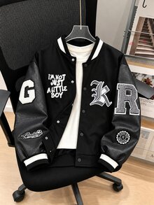 SHEIN Boys Casual College Print Baseball Jacket, Suitable For Casual, Sports, College Wear Autumn Winter - Black - View 1