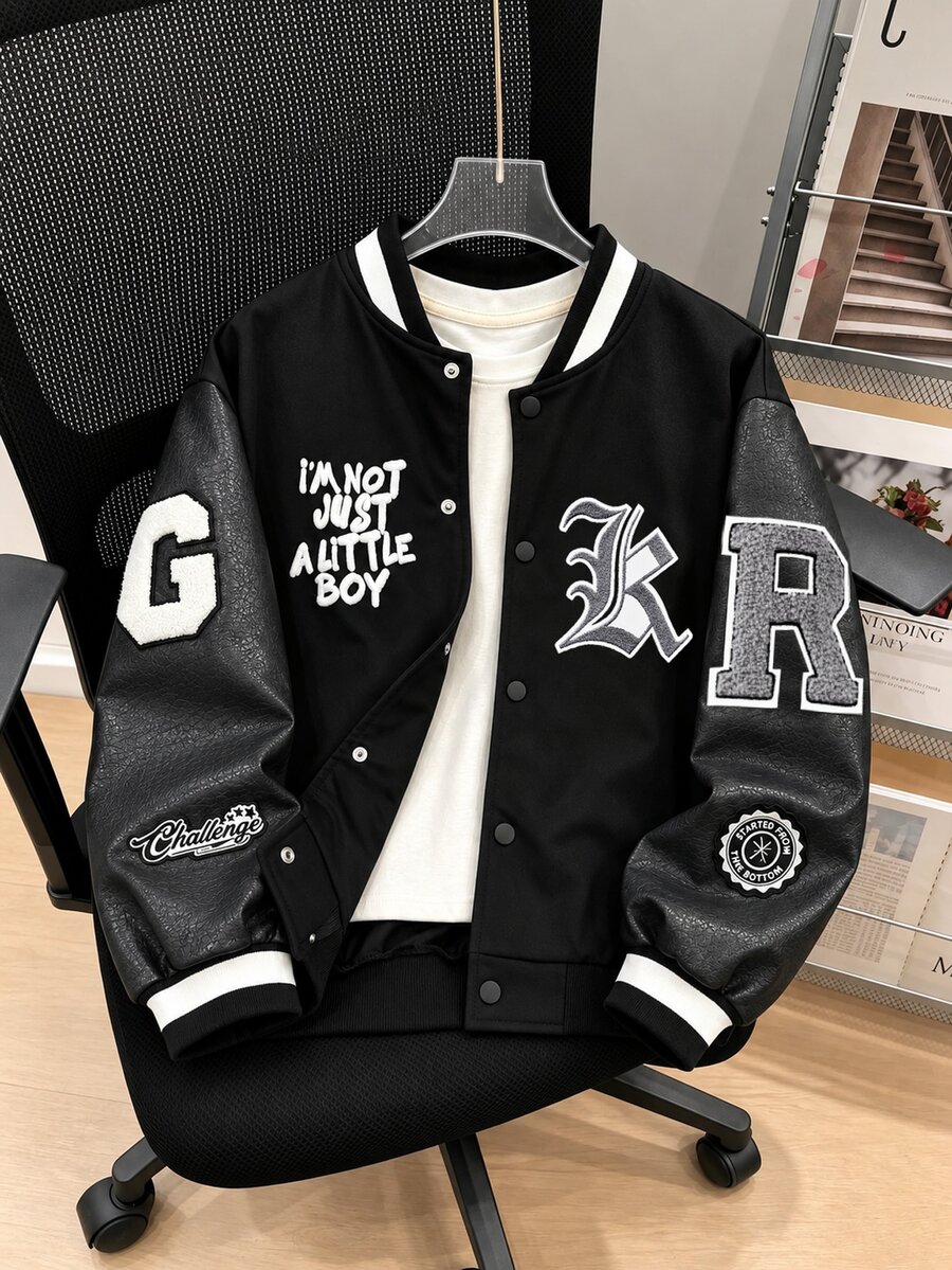 SHEIN Boys Casual College Print Baseball Jacket, Suitable For Casual, Sports, College Wear Autumn Winter - Black - View 1