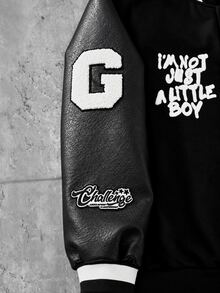 SHEIN Boys Casual College Print Baseball Jacket, Suitable For Casual, Sports, College Wear Autumn Winter - Black - View 5