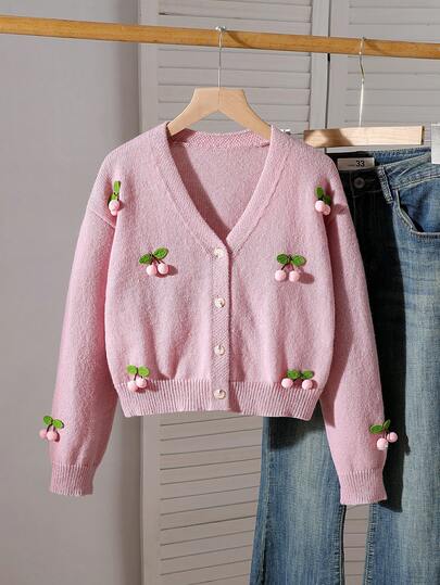 SHEIN Girls' Sweet Cute 3D Pink Cherry & Dusty Rose Short V-Neck Long Sleeve Drop Shoulder Knit Cardigan Sweater, Casual Outerwear For Shopping And Gatherings, Autumn/Winter