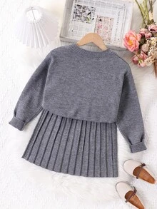 Tween Girls Embroidered Crew Neck Sweater & Pleated Skirt Set,Grey,Autumn,School,Back-To-School Soft Long Sleeve Knitted Dress Outfits For Teen - Grey - View 3