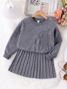 Tween Girls Embroidered Crew Neck Sweater & Pleated Skirt Set,Grey,Autumn,School,Back-To-School Soft Long Sleeve Knitted Dress Outfits For Teen - Grey - View 8